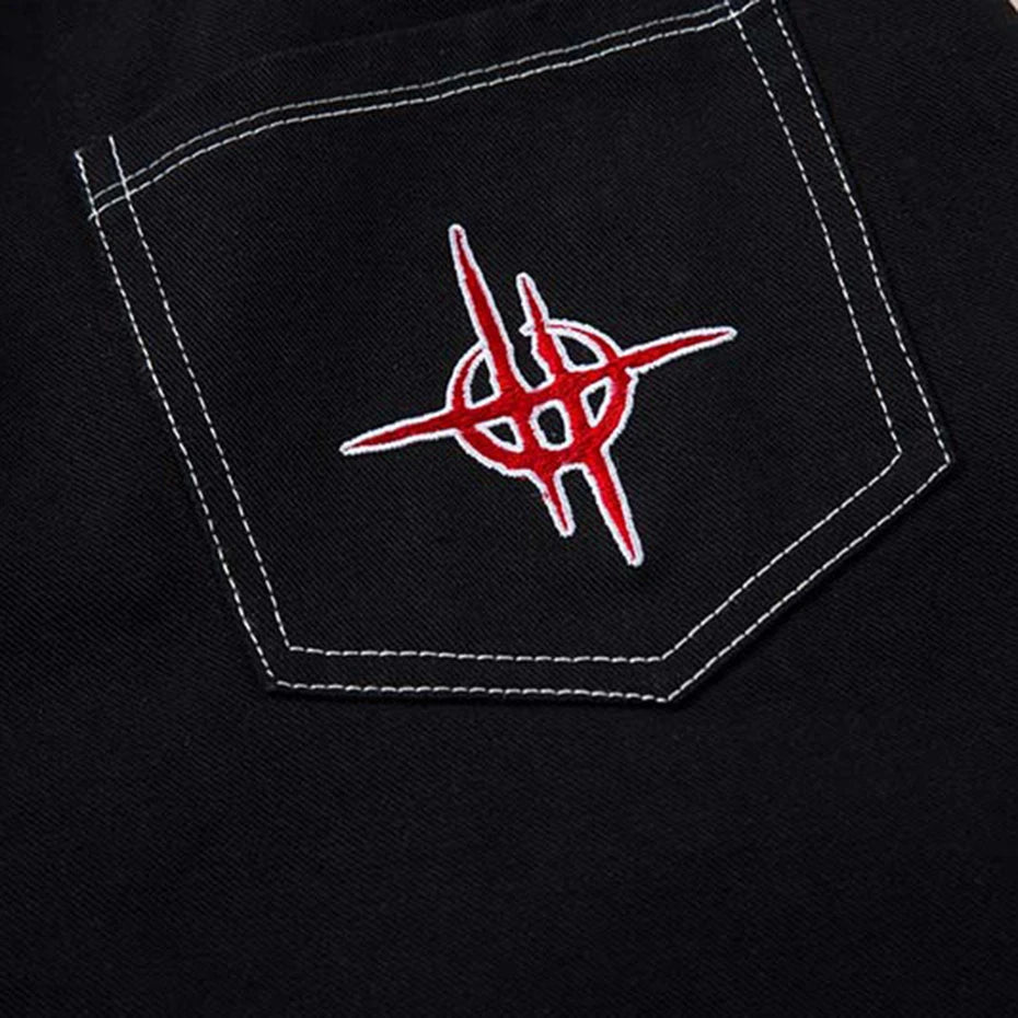 Flame Embroidery Straight Leg Pants , - Streetwear Pants - Slick Street