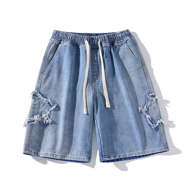 Denim Star Patch Drawstring Shorts Sky Blue, XS - Streetwear Shorts - Slick Street