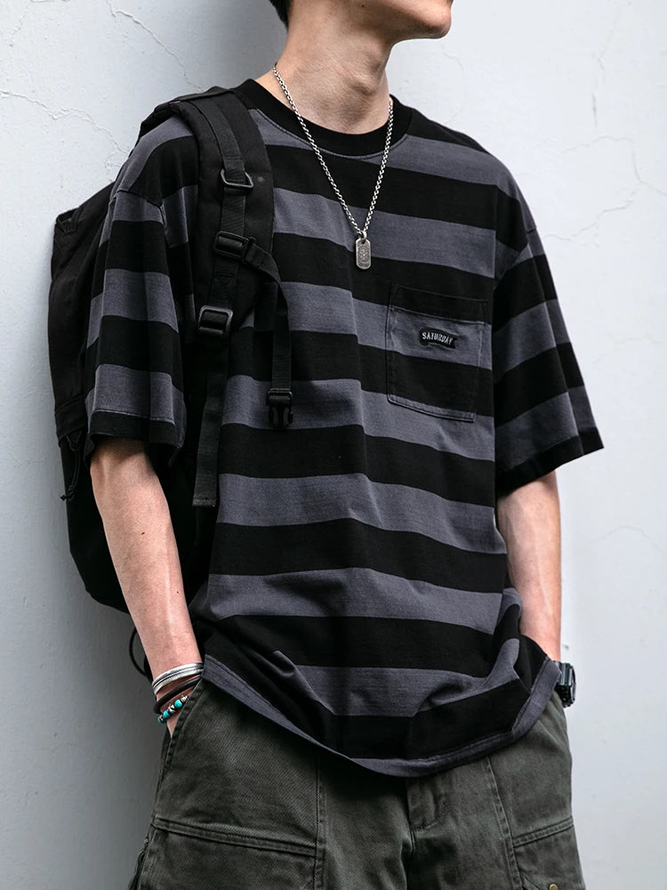 Saturday Striped Cotton T-Shirt , - Streetwear T-Shirt - Slick Street