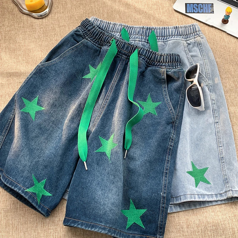 Five-point Star Patchwork Elastic Waist Shorts ,  - Streetwear Shorts - Slick Street