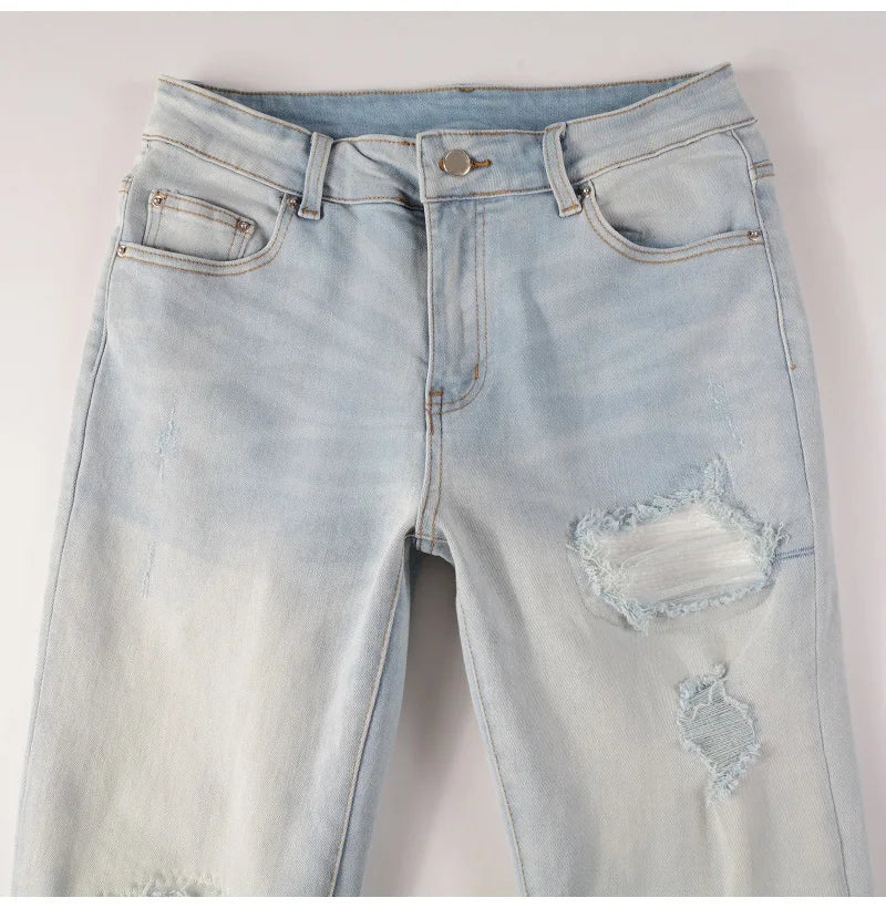 Pale Blue Cracked Pleated Pants , - Streetwear Pants - Slick Street
