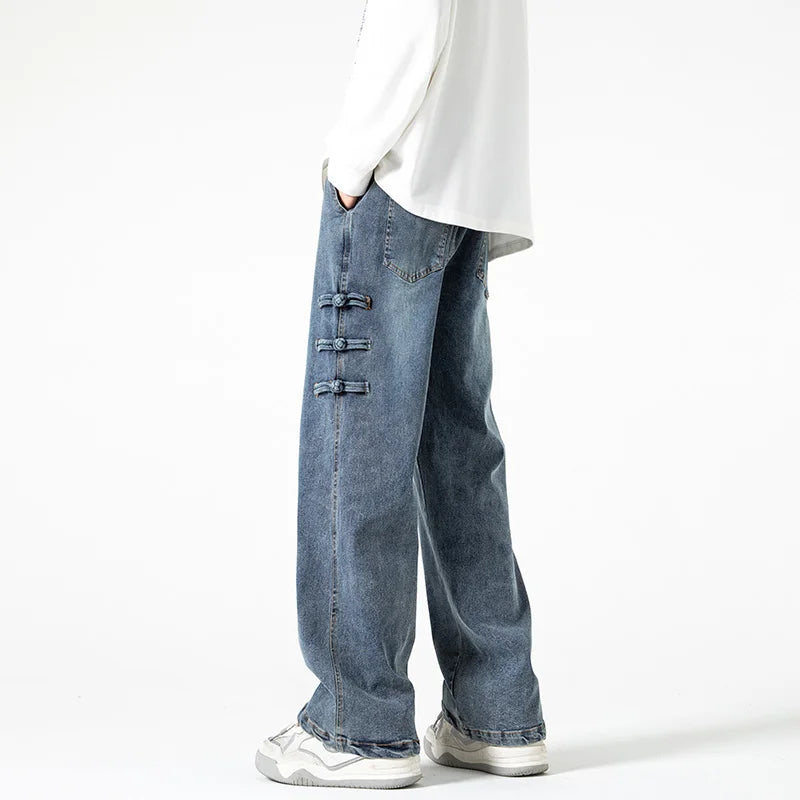 Straight Legs Side Coil Button Pants , - Streetwear Jeans - Slick Street