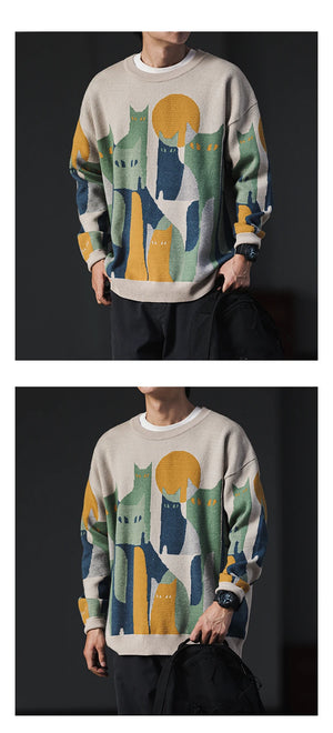 Moonnight Cat Abstract Crew Neck Sweater ,  - Streetwear Sweater - Slick Street