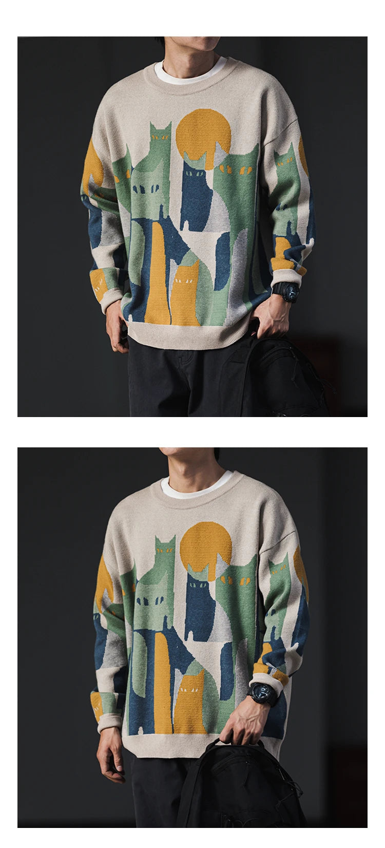 Moonnight Cat Abstract Crew Neck Sweater ,  - Streetwear Sweater - Slick Street