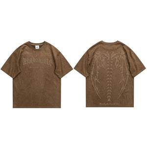 Spinal Cord Devil Wings Skeleton T-Shirt Coffee, S - Streetwear T-Shirts - Slick Street