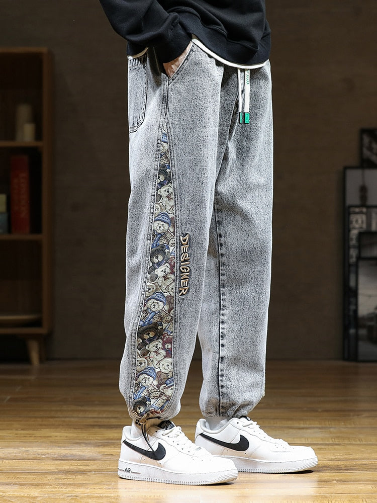 Designer Bear Patchwork Denim Pants ,  - Streetwear Pants - Slick Street