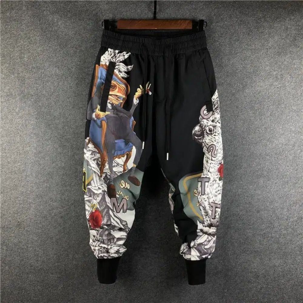 Alphabetic Letter Anime Patchwork Pants Black, S - Streetwear Pants - Slick Street