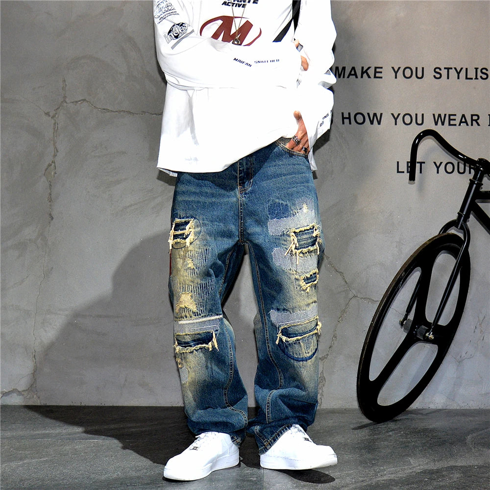 AM26 Ripped Patch Washed Jeans , - Streetwear Jeans - Slick Street