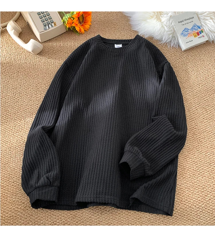 Waffle Knit Long Sleeve Sweater Black, XS - Streetwear Sweater - Slick Street