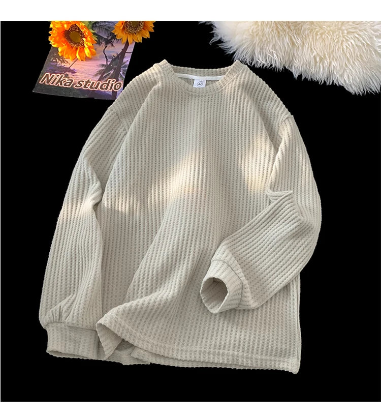 Waffle Knit Long Sleeve Sweater Apricot, XS - Streetwear Sweater - Slick Street