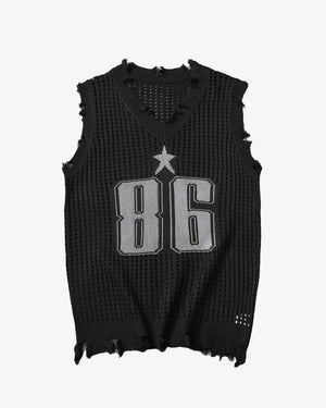 Number 86 Mesh Sleeveless Distressed Vest Black, S - Streetwear Vest - Slick Street