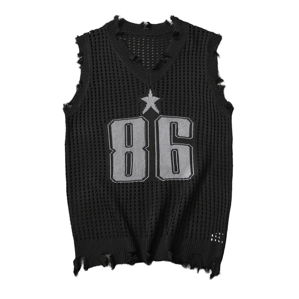 Number 86 Mesh Sleeveless Distressed Vest Black, S - Streetwear Vest - Slick Street