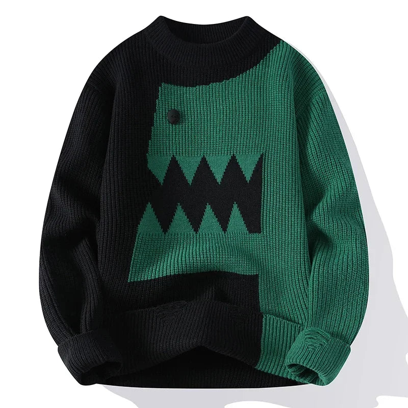 Splicing Half Dinosaur Knitwear Sweater Black, XS - Streetwear Sweater - Slick Street