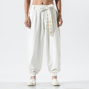 Japanese Embroidered Ribbon Tie Style Pants XS, White - Streetwear Pants - Slick Street