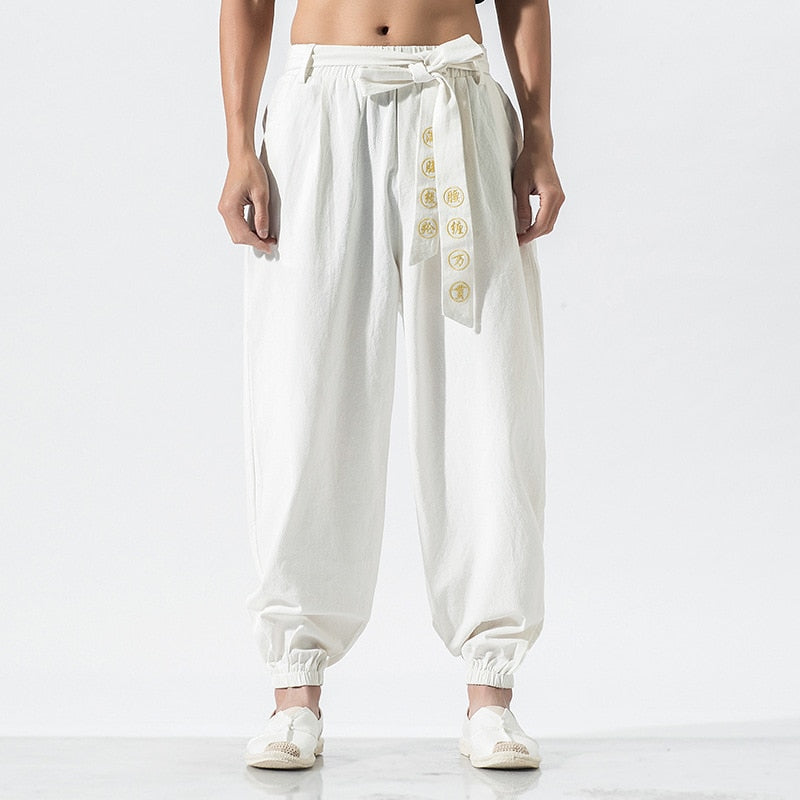 Japanese Embroidered Ribbon Tie Style Pants XS, White - Streetwear Pants - Slick Street