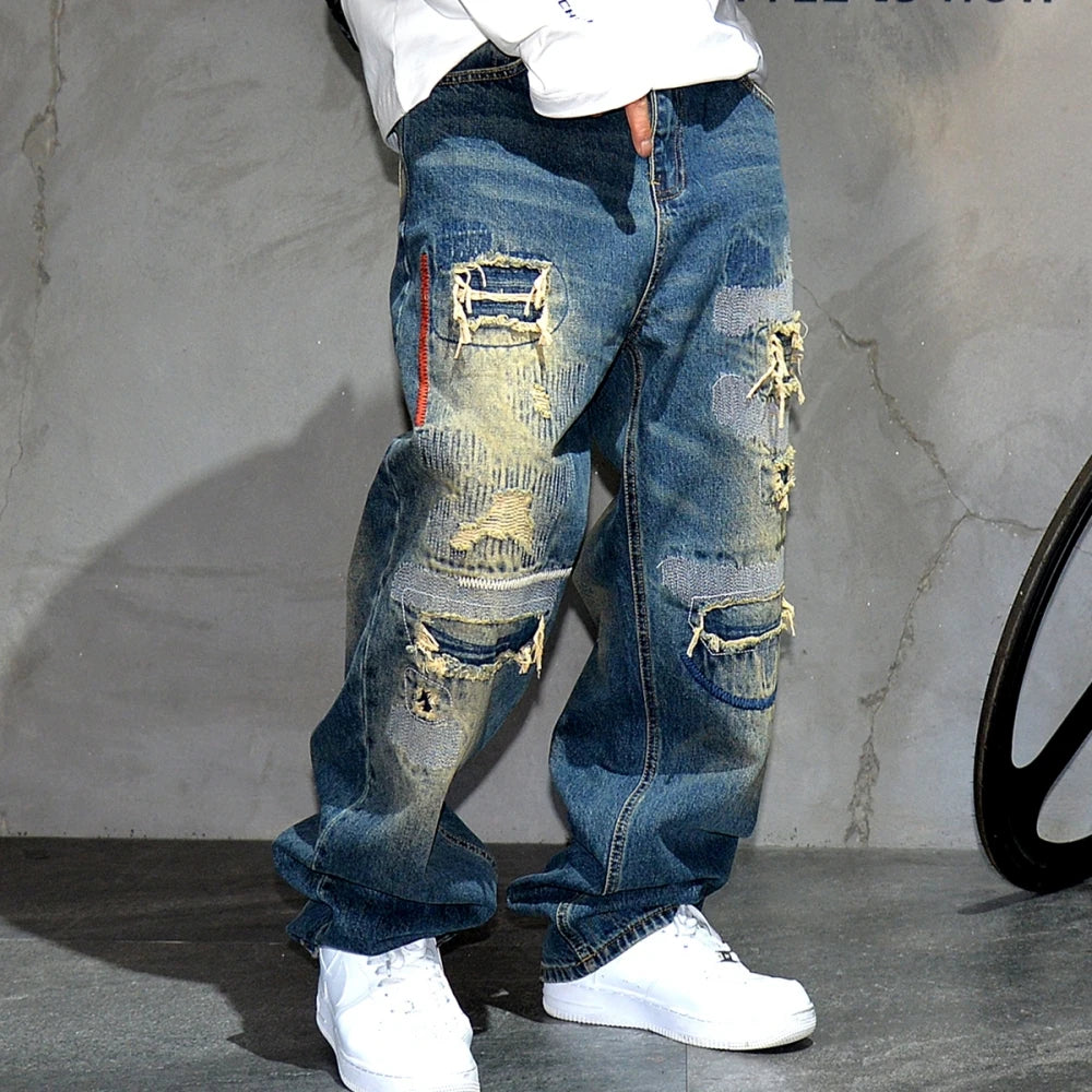 AM26 Ripped Patch Washed Jeans , - Streetwear Jeans - Slick Street