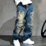AM26 Ripped Patch Washed Jeans Blue, 28 - Streetwear Jeans - Slick Street