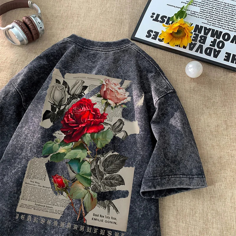 Bloom Rose Gothic Washed T-Shirt Black, XS - Streetwear T-Shirt - Slick Street