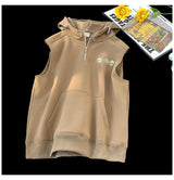 Workout Sleeveless Half-Zip Style Hoodie Camel, XS - Streetwear Hoodie - Slick Street