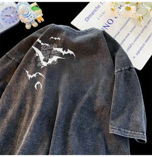 Flying Bat Graphic Gothic Washed Corduroy T-Shirt ,  - Streetwear T-Shirt - Slick Street