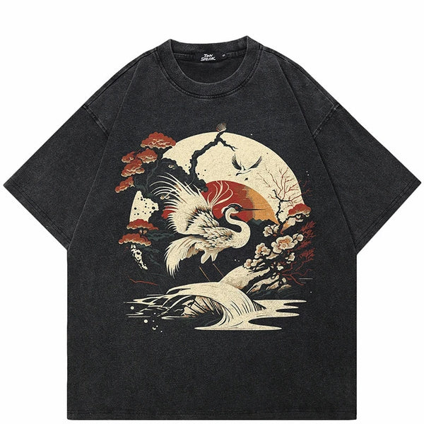 Rising Sun And Whooping Crane Graphic T-Shirt ,  - Streetwear T-Shirt - Slick Street