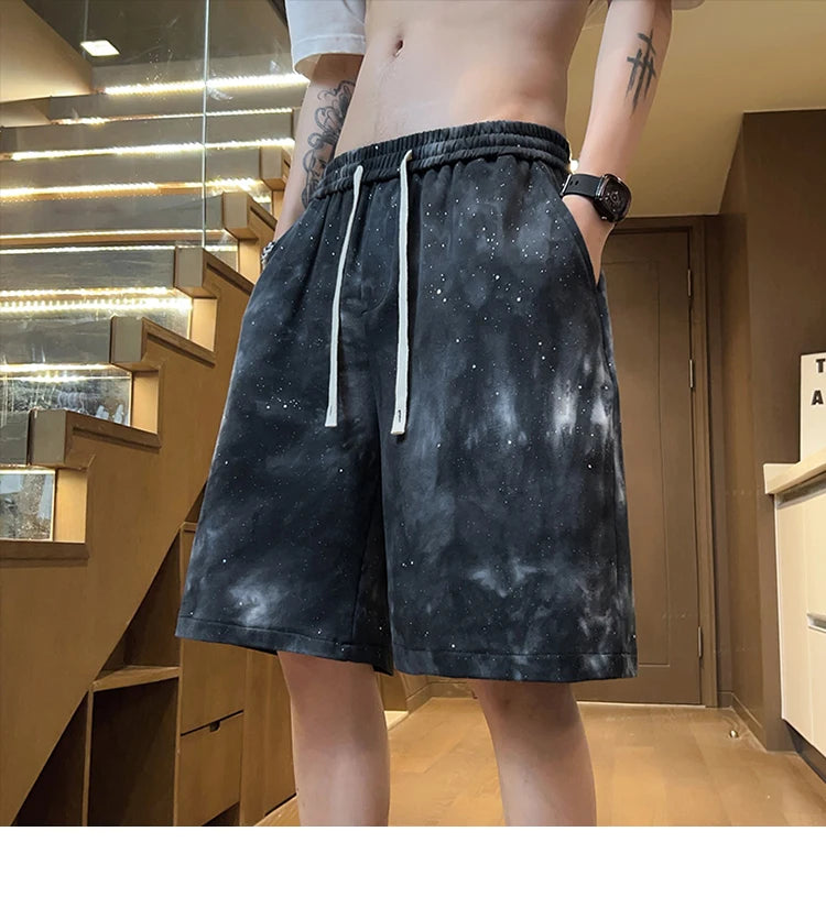 Tie-Dye Denim Texture Knee Length Shorts ,  - Streetwear Shorts - Slick Street