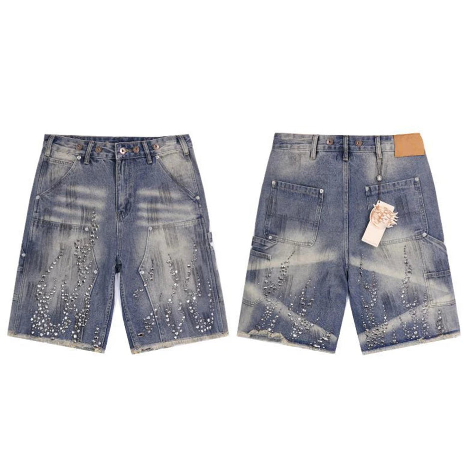 Fire Diamond Denim Rhinestone Shorts , - Streetwear Shorts - Slick Street