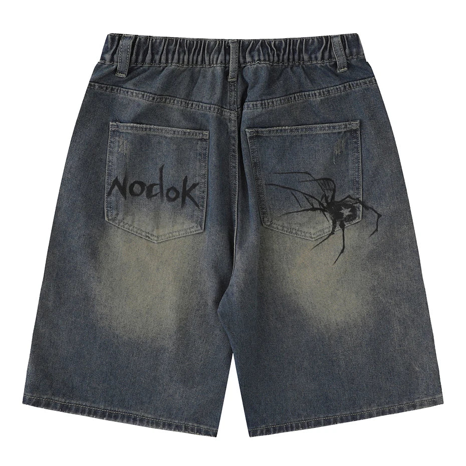 Nodok Spider Cobweb Blue Jean Shorts , - Streetwear Shorts - Slick Street