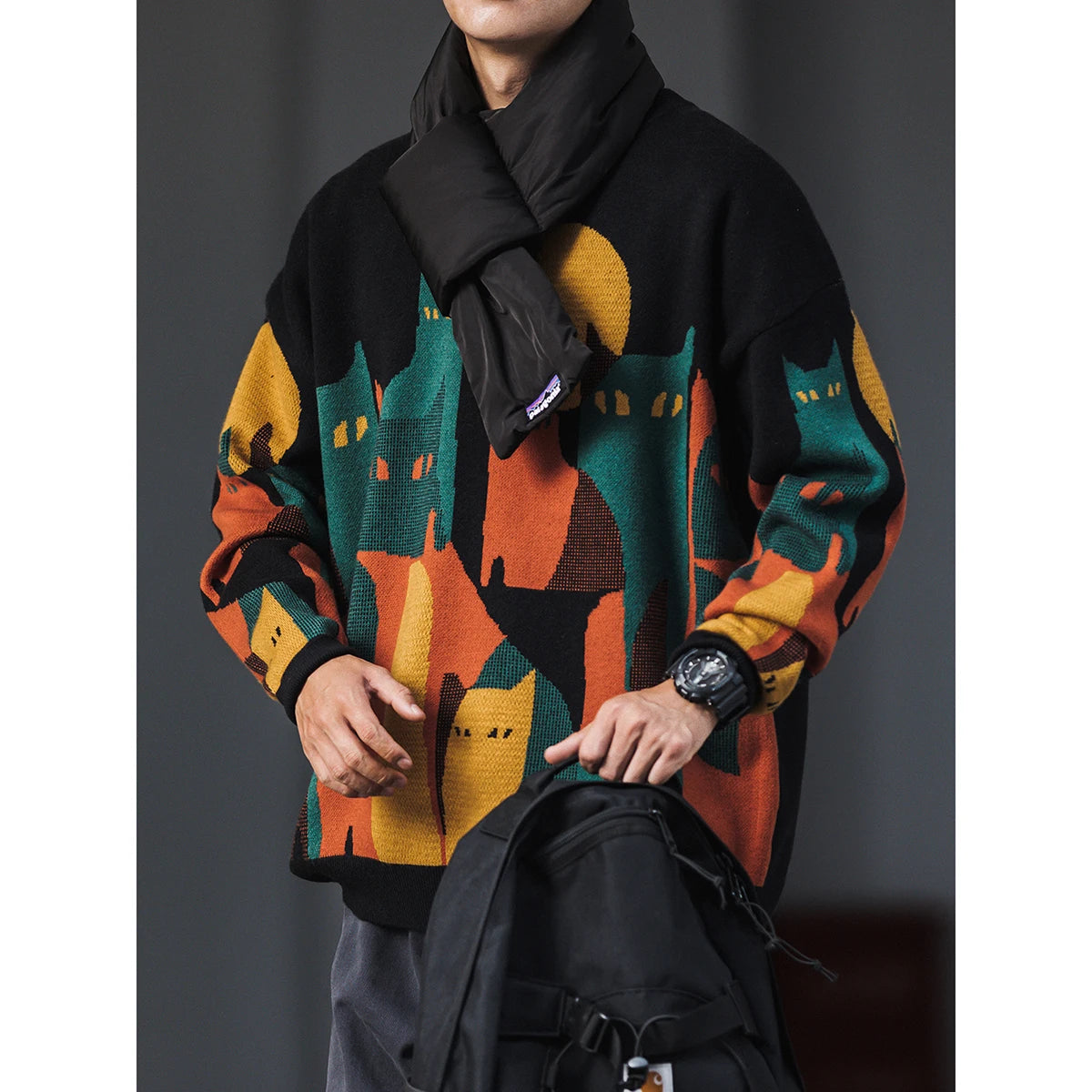 Moonnight Cat Abstract Crew Neck Sweater ,  - Streetwear Sweater - Slick Street