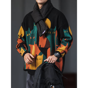 Moonnight Cat Abstract Crew Neck Sweater ,  - Streetwear Sweater - Slick Street