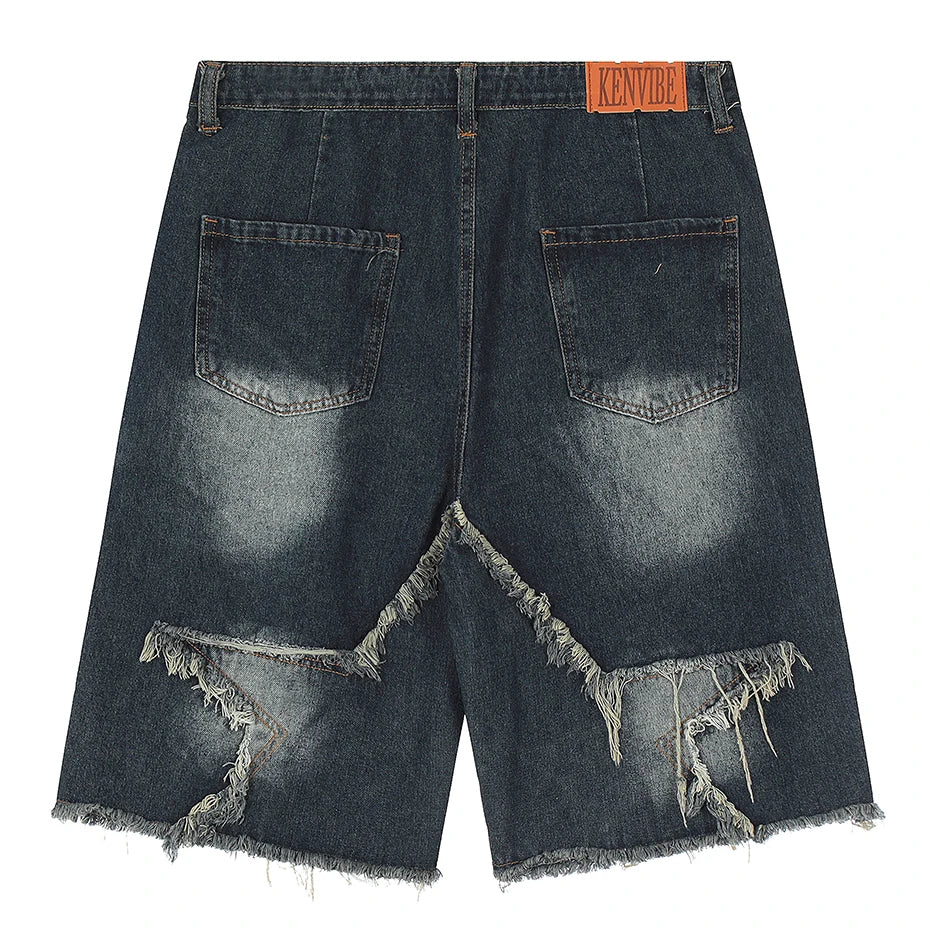 Blue Denim Tassel Star Shorts , - Streetwear Shorts - Slick Street