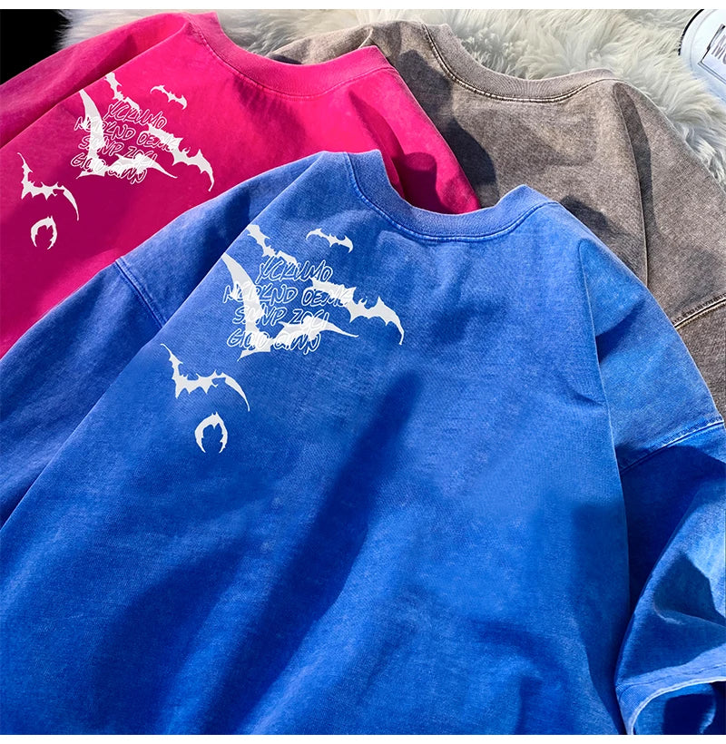 Flying Bat Graphic Gothic Washed Corduroy T-Shirt ,  - Streetwear T-Shirt - Slick Street