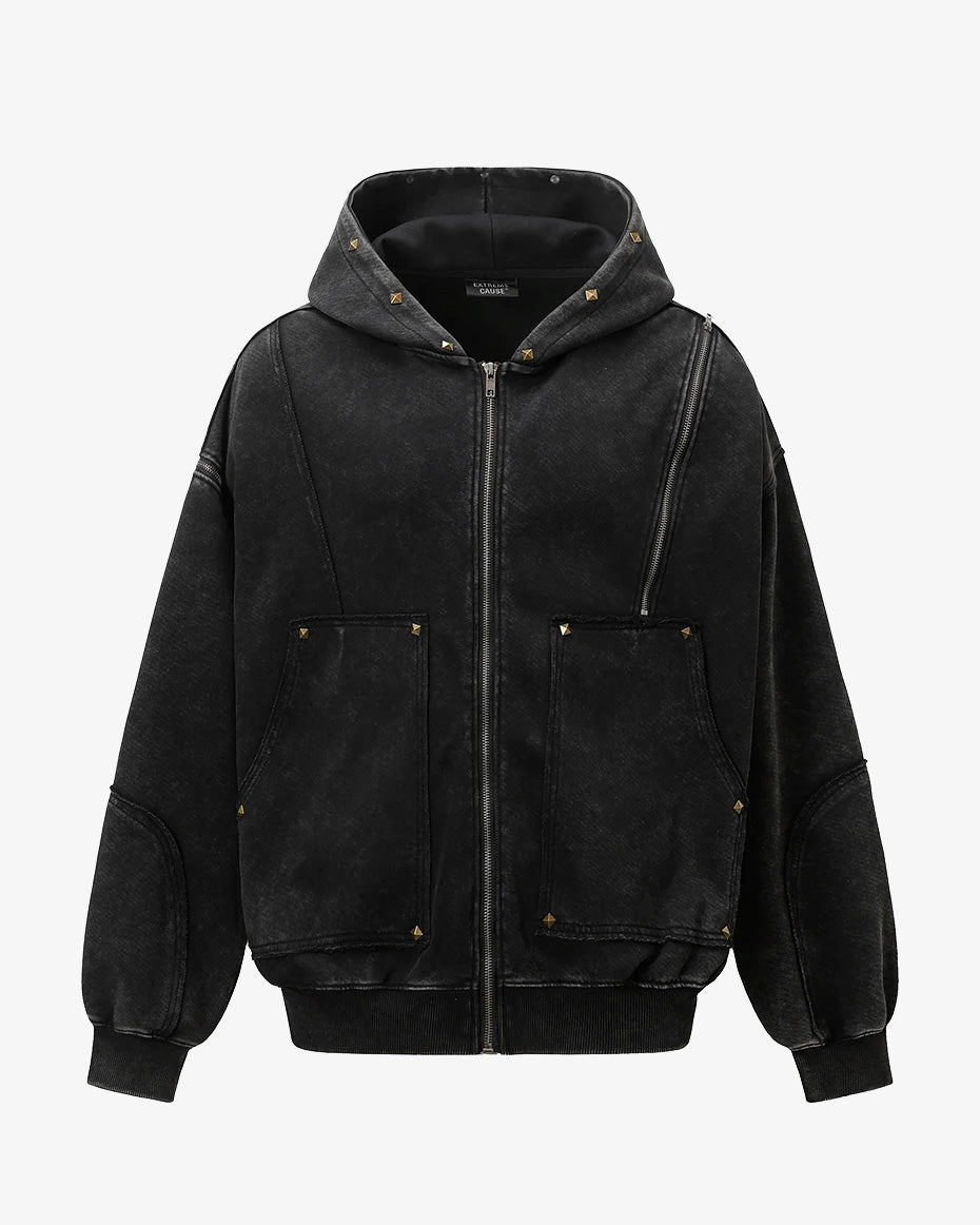 T2 Rivet Zipper Hoodie Black, S - Streetwear Hoodie - Slick Street