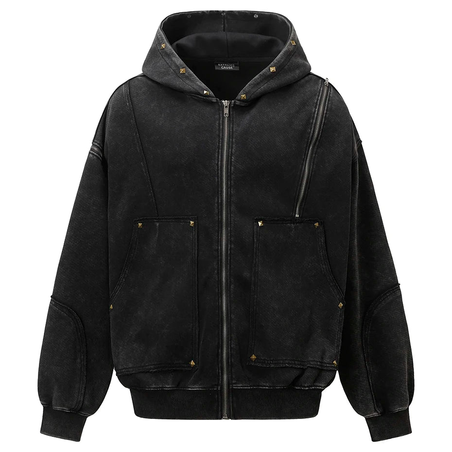 T2 Rivet Zipper Hoodie Black, S - Streetwear Hoodie - Slick Street