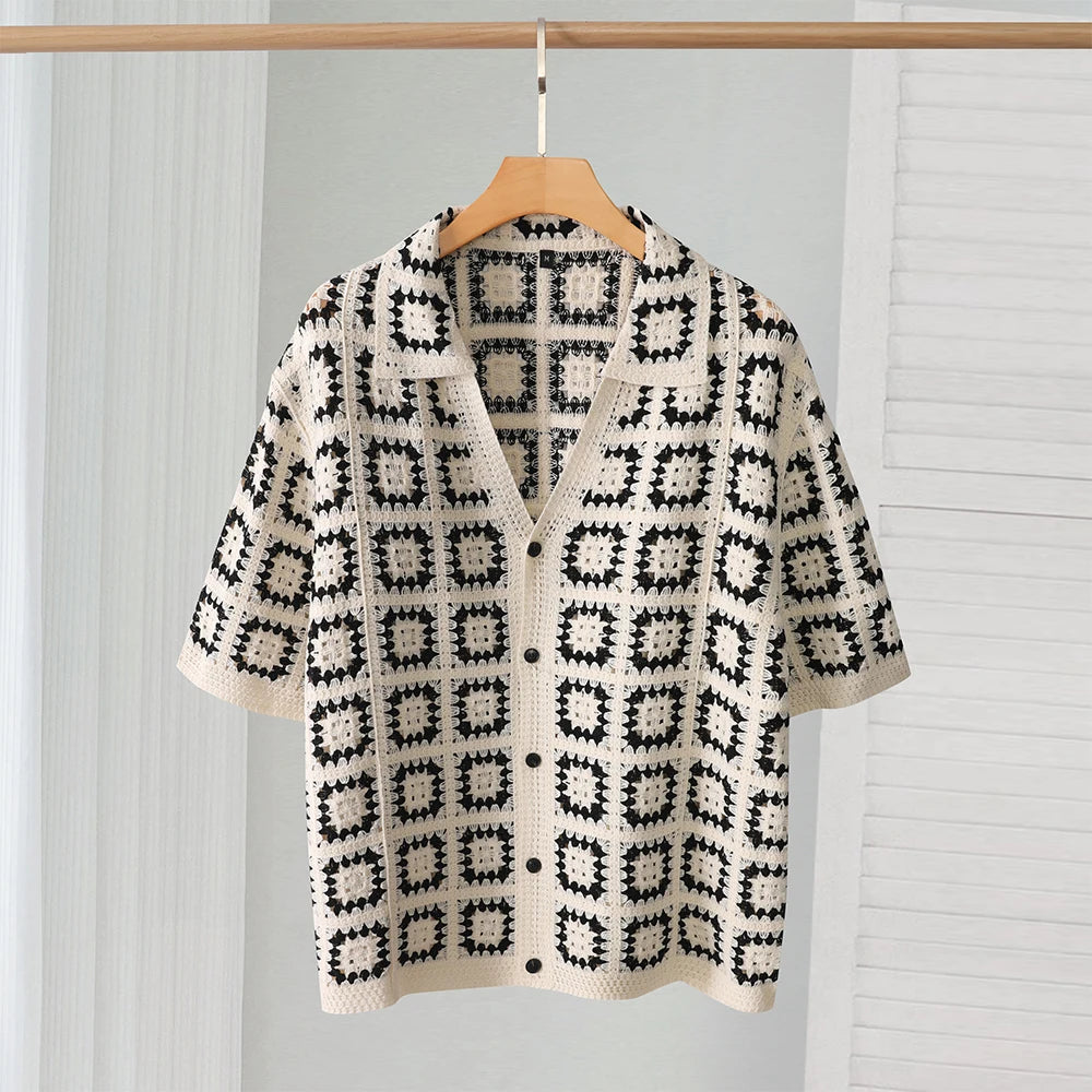 V-Neck Knitted Short Sleeve Shirt , - Streetwear Shirt - Slick Street