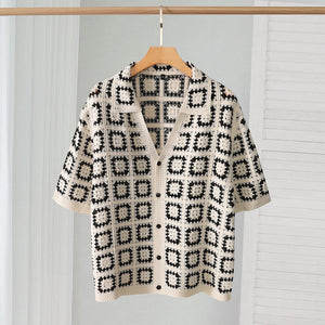 V-Neck Knitted Short Sleeve Shirt , - Streetwear Shirt - Slick Street