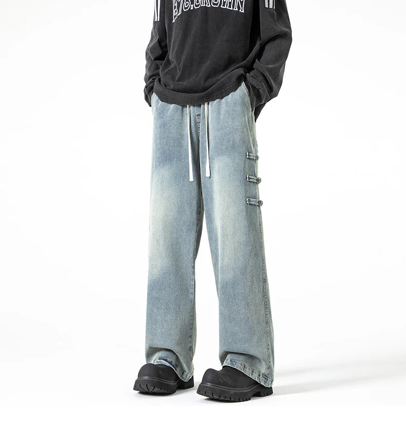 Straight Legs Side Coil Button Pants , - Streetwear Jeans - Slick Street