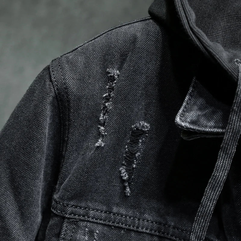 Coal Black Hooded Denim Jacket , - Streetwear Jacket - Slick Street