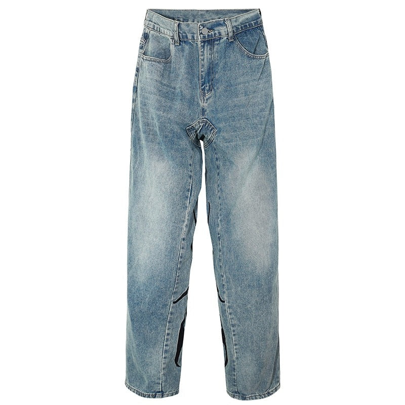 HTH Flame Embroidery Blue Denim Pants ,  - Streetwear Pants - Slick Street