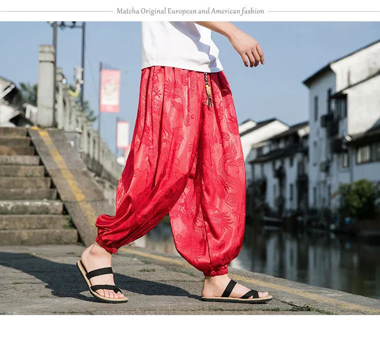 Dragon With Flower Theme Pants , - Streetwear Pants - Slick Street