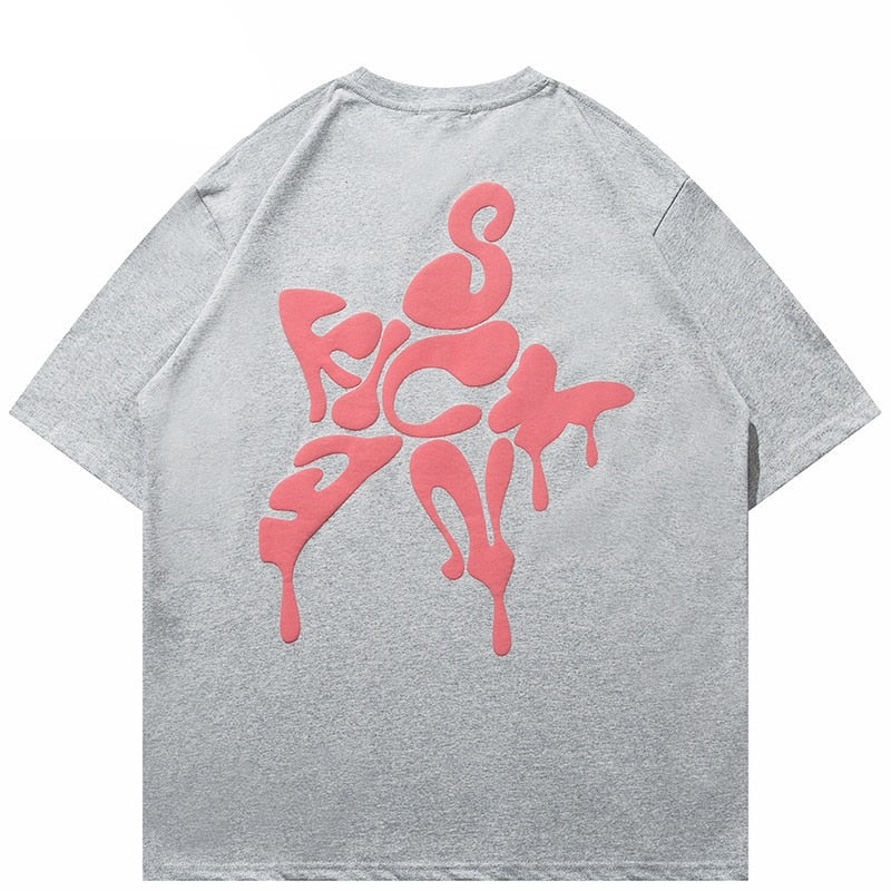 Star Shape Melting Letter Graphic T-Shirt Grey, S - Streetwear T-Shirt - Slick Street