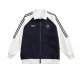 Color Block Striped Sports Jacket Navy Blue, M - Streetwear Jacket - Slick Street