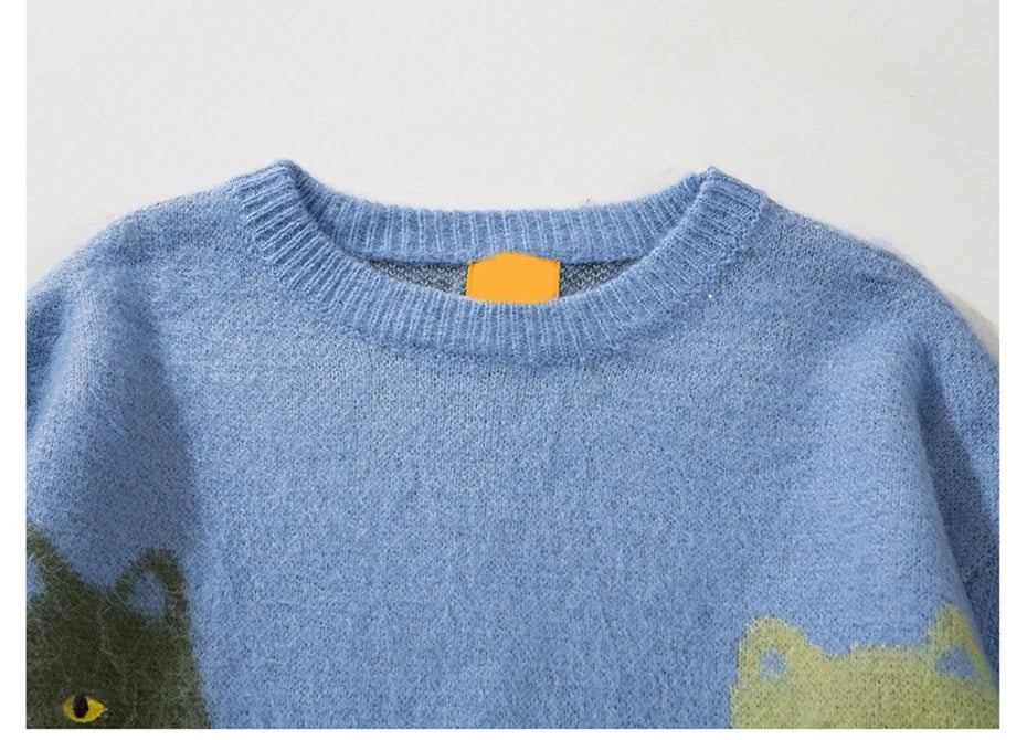 Cat Graphic Knitted Sweater , - Streetwear Sweatshirts - Slick Street