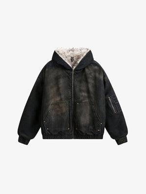 Coal Black Washed Fur Hooded Jacket , - Streetwear Jacket - Slick Street