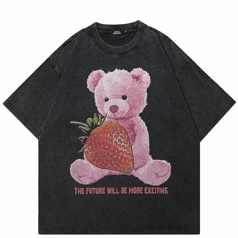 Coal Black Strawberry Stuffed Bear Visual T-Shirt ,  - Streetwear T-Shirt - Slick Street