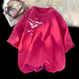 Flying Bat Graphic Gothic Washed Corduroy T-Shirt Fuchsia, XS - Streetwear T-Shirt - Slick Street