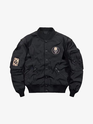 Devil Skull Button-Up Bomber Jacket Black, XS - Streetwear Jacket - Slick Street
