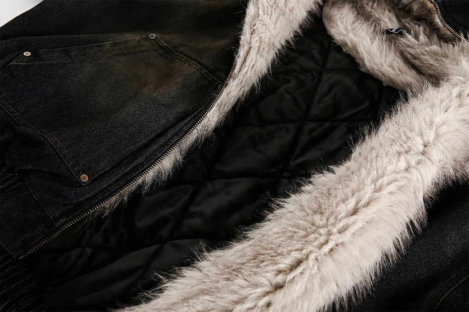 Coal Black Washed Fur Hooded Jacket , - Streetwear Jacket - Slick Street