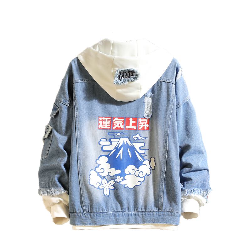 Devil Lion Cloud Denim Ripped Hooded Jacket ,  - Streetwear Jacket - Slick Street