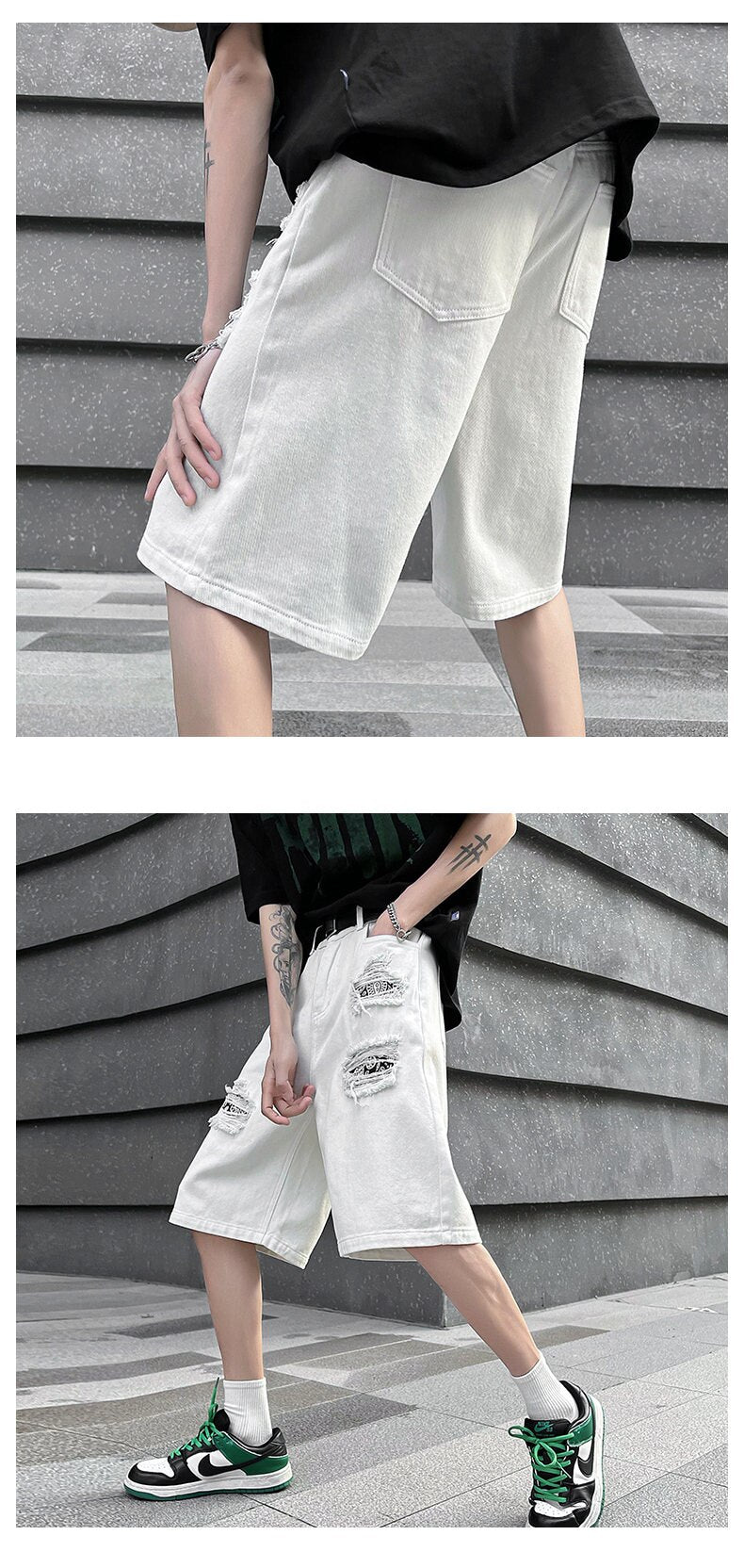 Ripped Hole Patchwork Knee Length Shorts ,  - Streetwear Shorts - Slick Street